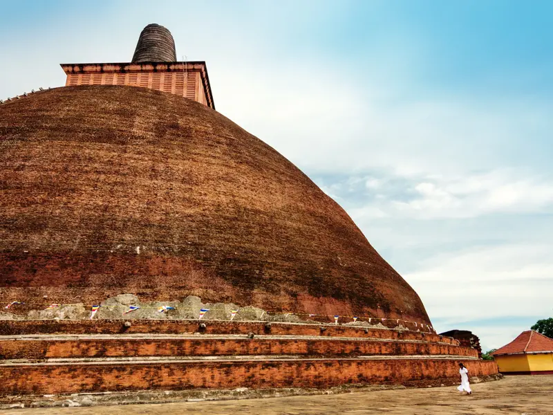 Eine Person in weißer Kleidung geht an der gewaltigen, aus Ziegeln erbauten Jetavanaramaya-Stupa in Anuradhapura vorbei.