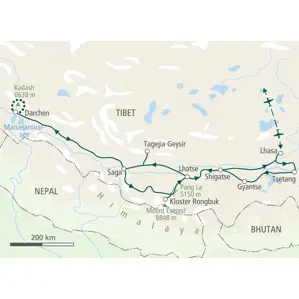 Reiseroute unserer Trekkingreise in Tibet von Lhasa über Shigatse und Saga zur Kailash Umrundung und zum Mount Everest.