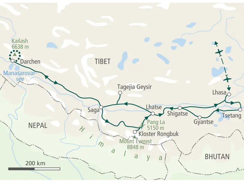 Reiseroute unserer Trekkingreise in Tibet von Lhasa über Shigatse und Saga zur Kailash Umrundung und zum Mount Everest.