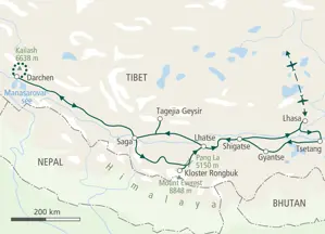 Reiseroute unserer Trekkingreise in Tibet von Lhasa über Shigatse und Saga zur Kailash Umrundung und zum Mount Everest.
