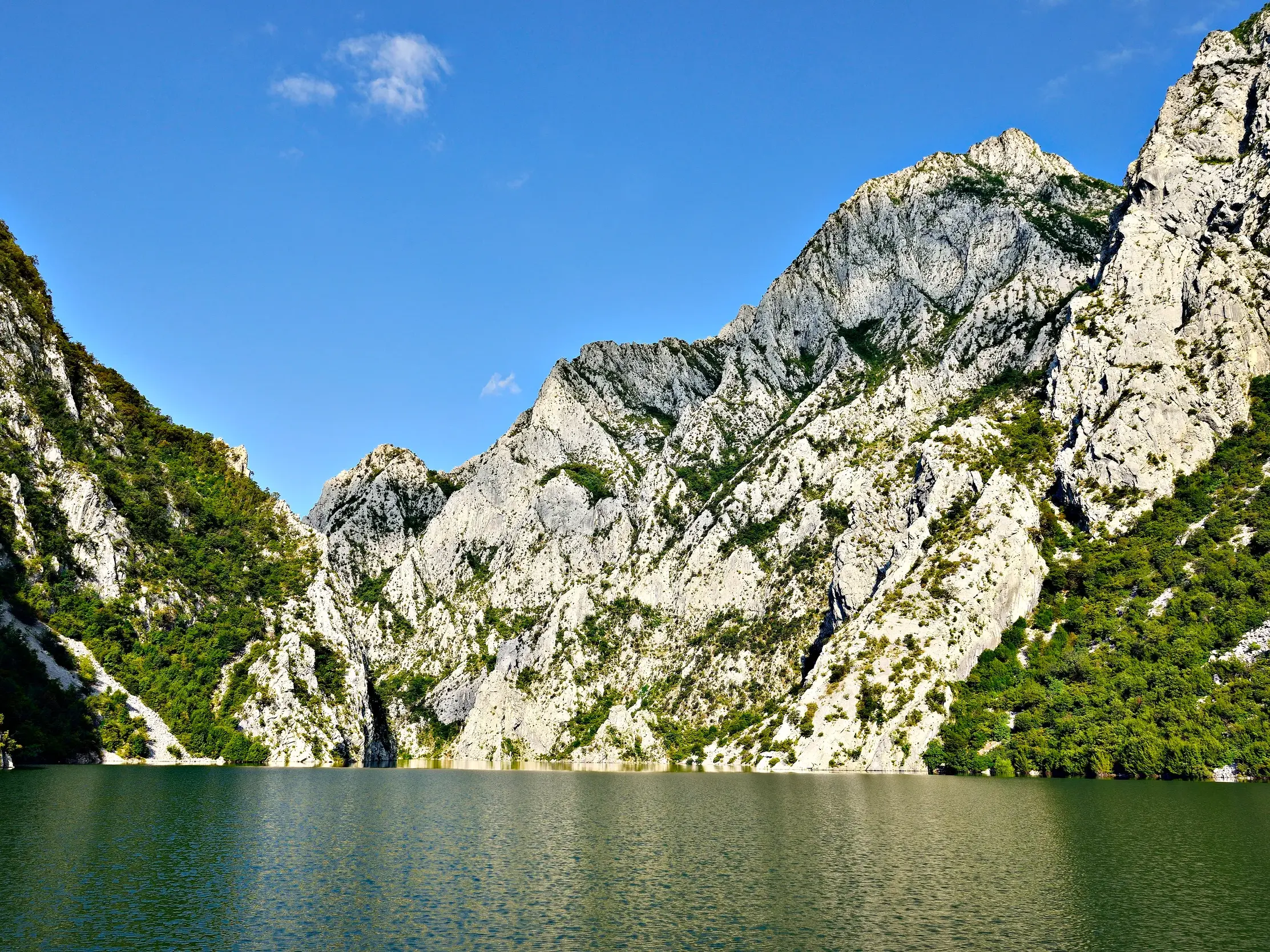 Imposante, teils bewaldete Felswände der Drin-Schlucht spiegeln sich im grünen Wasser des Koman-Stausees in Albanien.