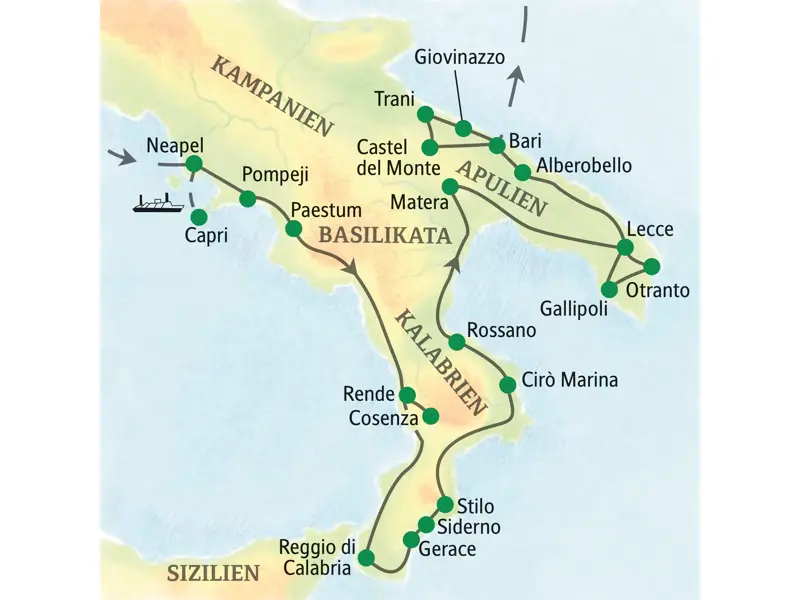Karte unserer Studiosus-Studienreise durch Süditalien. Die Route führt von Neapel über Matera und Lecce bis nach Bari.