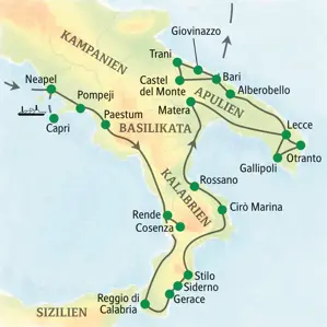 Karte unserer Studiosus-Studienreise durch Süditalien. Die Route führt von Neapel über Matera und Lecce bis nach Bari.