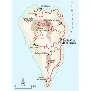 Route unserer Trekkingreise auf La Palma, von Los Llanos zu Highlights wie der Caldera de Taburiente und dem Roque de los Muchachos.