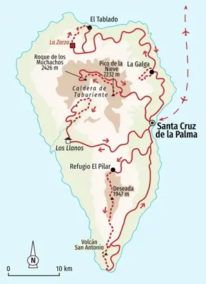 Route unserer Trekkingreise auf La Palma, von Los Llanos zu Highlights wie der Caldera de Taburiente und dem Roque de los Muchachos.