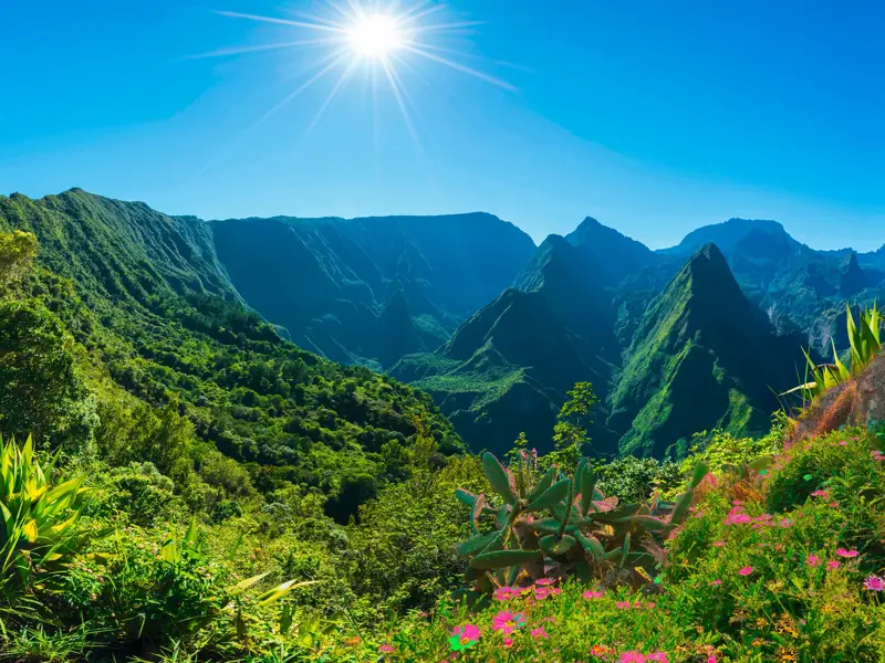 Spektakulärer Ausblick vom Piton Maido auf den sonnenbeschienenen, grünen Talkessel des Cirque de Mafate auf La Réunion.