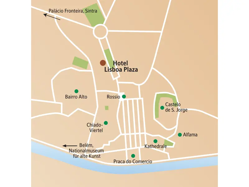 Karte der Studiosus-Städtereise in Lissabon mit der Lage des Hotels Lisboa Plaza und Zielen wie Alfama, Belém und Sintra.