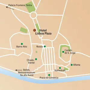 Karte der Studiosus-Städtereise in Lissabon mit der Lage des Hotels Lisboa Plaza und Zielen wie Alfama, Belém und Sintra.
