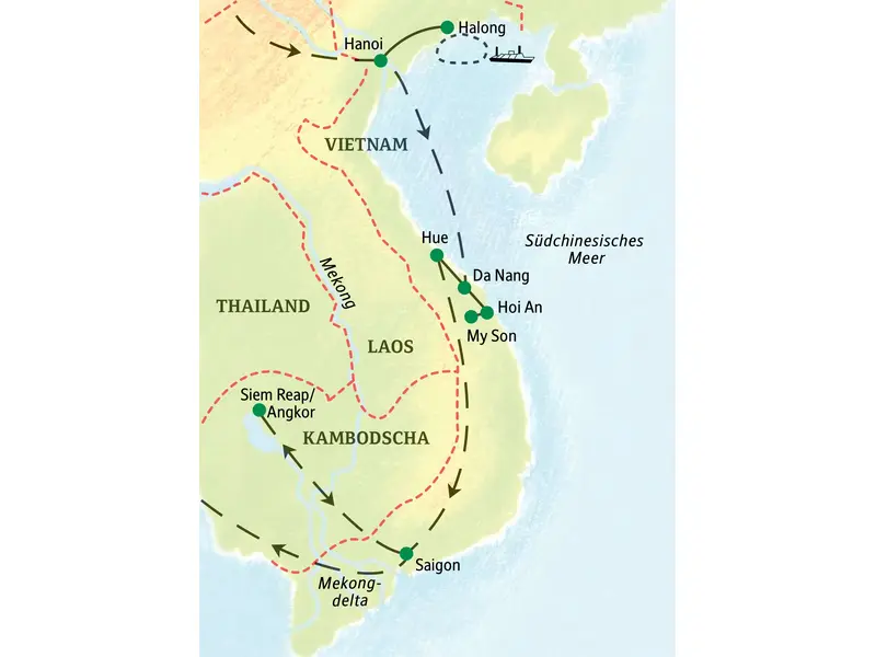 Routenverlauf der Studienreise durch Vietnam und Kambodscha von Hanoi und der Halongbucht nach Saigon und Angkor Wat.