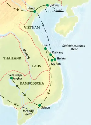 Routenverlauf der Studienreise durch Vietnam und Kambodscha von Hanoi und der Halongbucht nach Saigon und Angkor Wat.