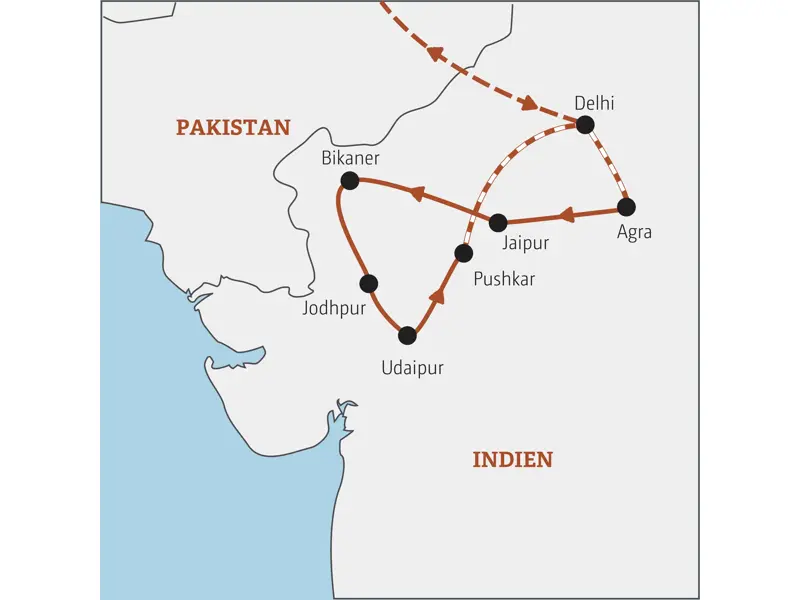 Reiseroute der Gruppenreise für junge Leute in Rajasthan von Delhi über Agra, Jaipur, Bikaner, Jodhpur, Udaipur und Pushkar.