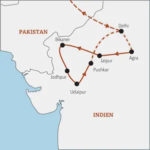 Reiseroute der Gruppenreise für junge Leute in Rajasthan von Delhi über Agra, Jaipur, Bikaner, Jodhpur, Udaipur und Pushkar.