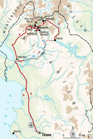 Unsere Reiseroute der Wanderreise in Albanien führt von Tirana über Shkodra, Valbona und Theth zurück zum Startpunkt.