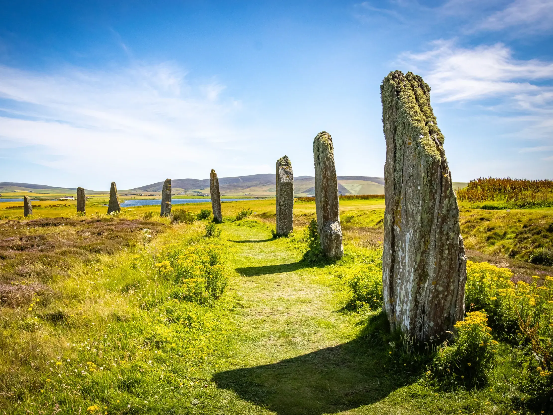 Die prähistorischen, moosbewachsenen Megalithen des Ring of Brodgar auf den Orkneys unter blauem Himmel in Schottland.