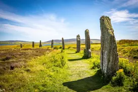 Die prähistorischen, moosbewachsenen Megalithen des Ring of Brodgar auf den Orkneys unter blauem Himmel in Schottland.