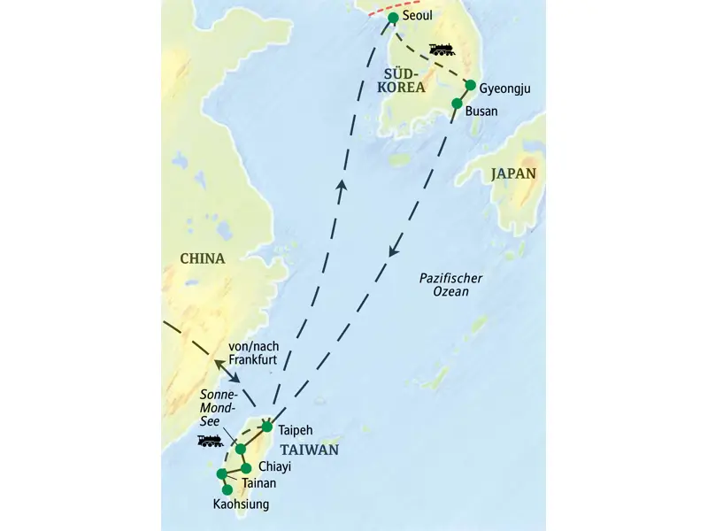 Reiseroute der Studiosus-Studienreise in Taiwan und Südkorea: von Taipeh und Kaohsiung in Taiwan nach Seoul und Busan.
