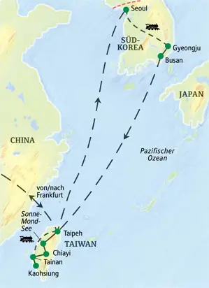 Reiseroute der Studiosus-Studienreise in Taiwan und Südkorea: von Taipeh und Kaohsiung in Taiwan nach Seoul und Busan.