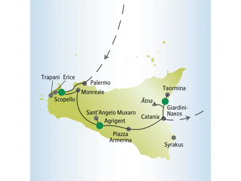 Karte der Reiseroute unserer Singlereise auf Sizilien von Palermo über Agrigent und den Ätna nach Taormina und Giardini-Naxos.