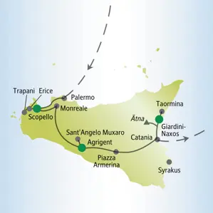 Karte der Reiseroute unserer Singlereise auf Sizilien von Palermo über Agrigent und den Ätna nach Taormina und Giardini-Naxos.
