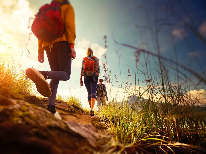 Eine kleine Reisegruppe wandert bei einer Studiosus Studienreise auf einem sonnigen Pfad in den Bergen der Kapverden.