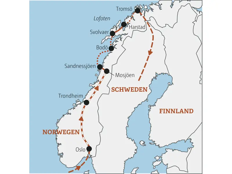 Karte der Gruppenreise für junge Leute in Norwegen. Die Route führt von Oslo über Trondheim und die Lofoten bis nach Tromsö.