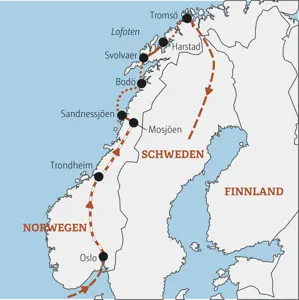 Karte der Gruppenreise für junge Leute in Norwegen. Die Route führt von Oslo über Trondheim und die Lofoten bis nach Tromsö.