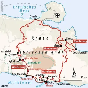 Karte der Wanderreise auf Kreta. Die Route führt von Chania über Vamos, Loutro und durch die Samaria-Schlucht zurück.