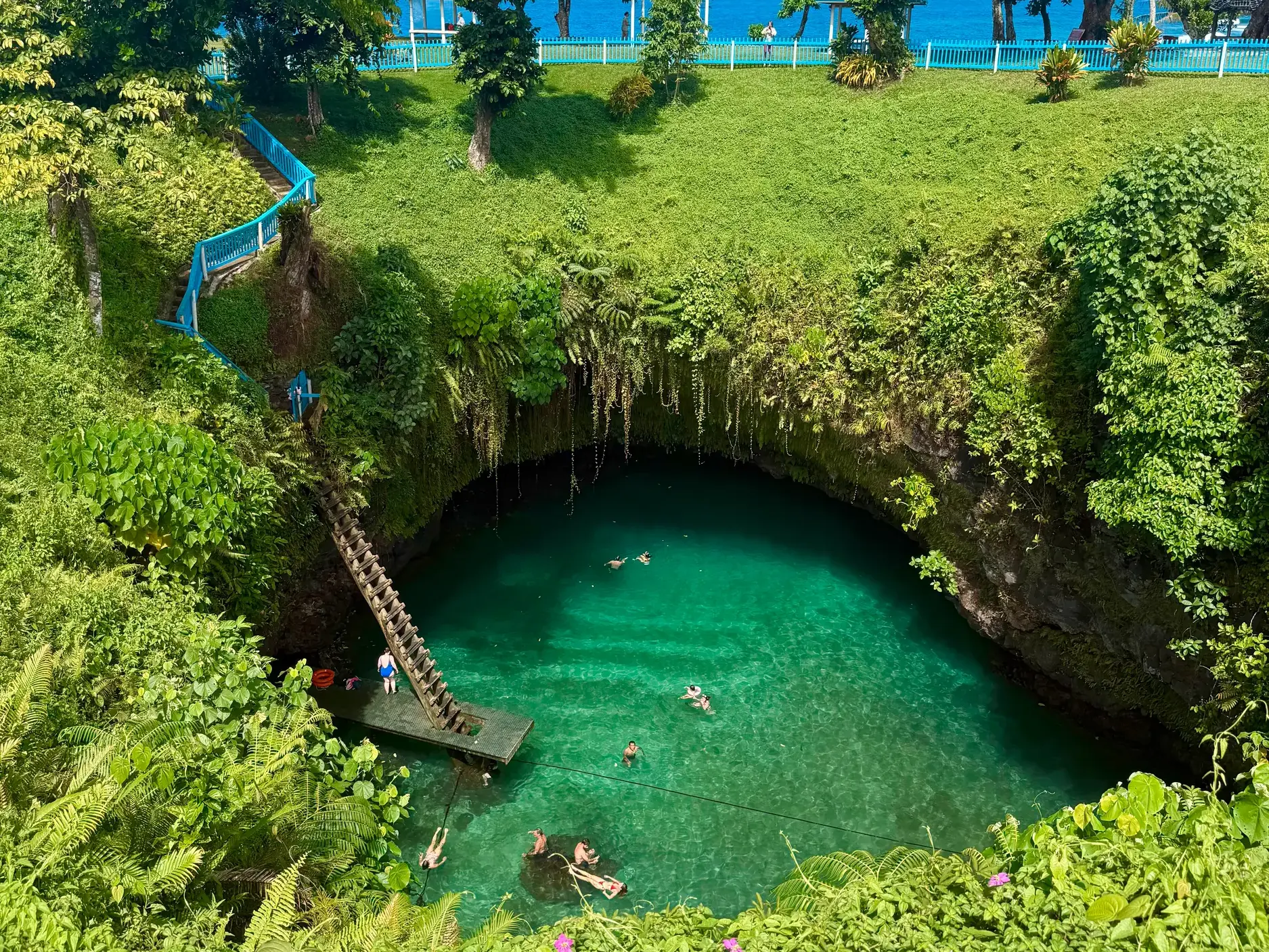 Reisende baden im leuchtend türkisen Wasser des berühmten To Sua Ocean Trench auf der Insel Upolu in Samoa.