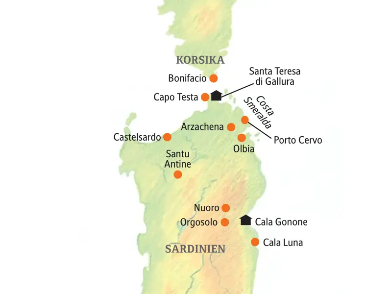 Karte der Kleingruppenreise auf Sardinien von Santa Teresa di Gallura über Castelsardo und Nuoro bis nach Cala Gonone.