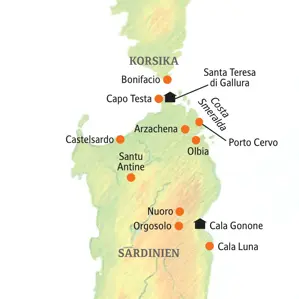 Karte der Kleingruppenreise auf Sardinien von Santa Teresa di Gallura über Castelsardo und Nuoro bis nach Cala Gonone.