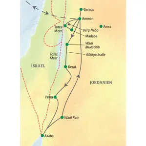 Karte der geführten Studienreise in Jordanien: Die Route führt von Amman über Petra, Wadi Ram und Akaba zum Toten Meer.