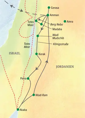 Karte der geführten Studienreise in Jordanien: Die Route führt von Amman über Petra, Wadi Ram und Akaba zum Toten Meer.