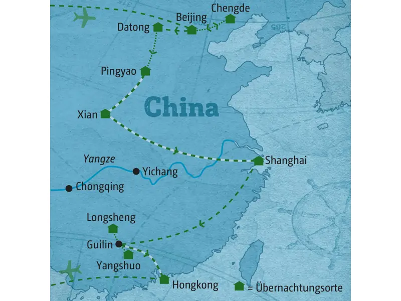 Reiseroute der Marco Polo China-Rundreise von Chengde über Beijing, Xian, Shanghai, Longsheng und Yangshuo nach Hongkong.