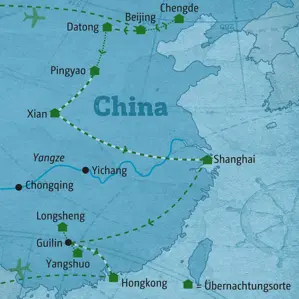 Reiseroute der Marco Polo China-Rundreise von Chengde über Beijing, Xian, Shanghai, Longsheng und Yangshuo nach Hongkong.