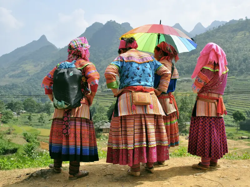 Rückansicht von vier Frauen eines Bergvolks in bunter Tracht während einer Wanderung in den Reisterrassen von Mai Chau.