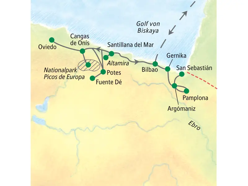 Route der Studiosus-Studienreise durch Nordspanien: von Bilbao über Oviedo, die Picos de Europa, Pamplona und San Sebastián.