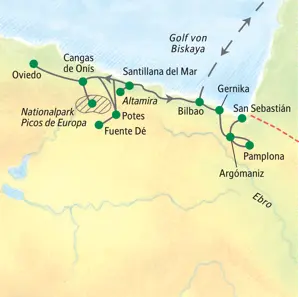Route der Studiosus-Studienreise durch Nordspanien: von Bilbao über Oviedo, die Picos de Europa, Pamplona und San Sebastián.
