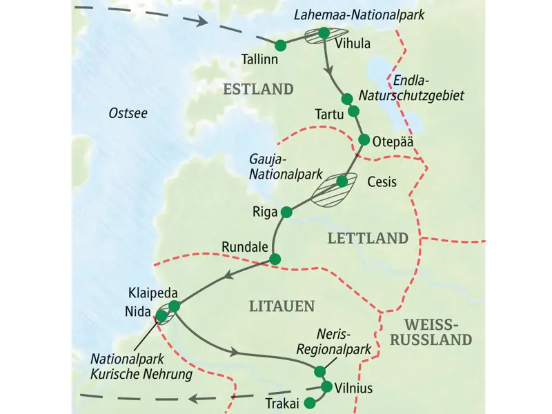 Karte der Wander-Studienreise im Baltikum: Die Route führt von Tallinn über Riga und die Kurische Nehrung nach Vilnius.