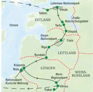Karte der Wander-Studienreise im Baltikum: Die Route führt von Tallinn über Riga und die Kurische Nehrung nach Vilnius.