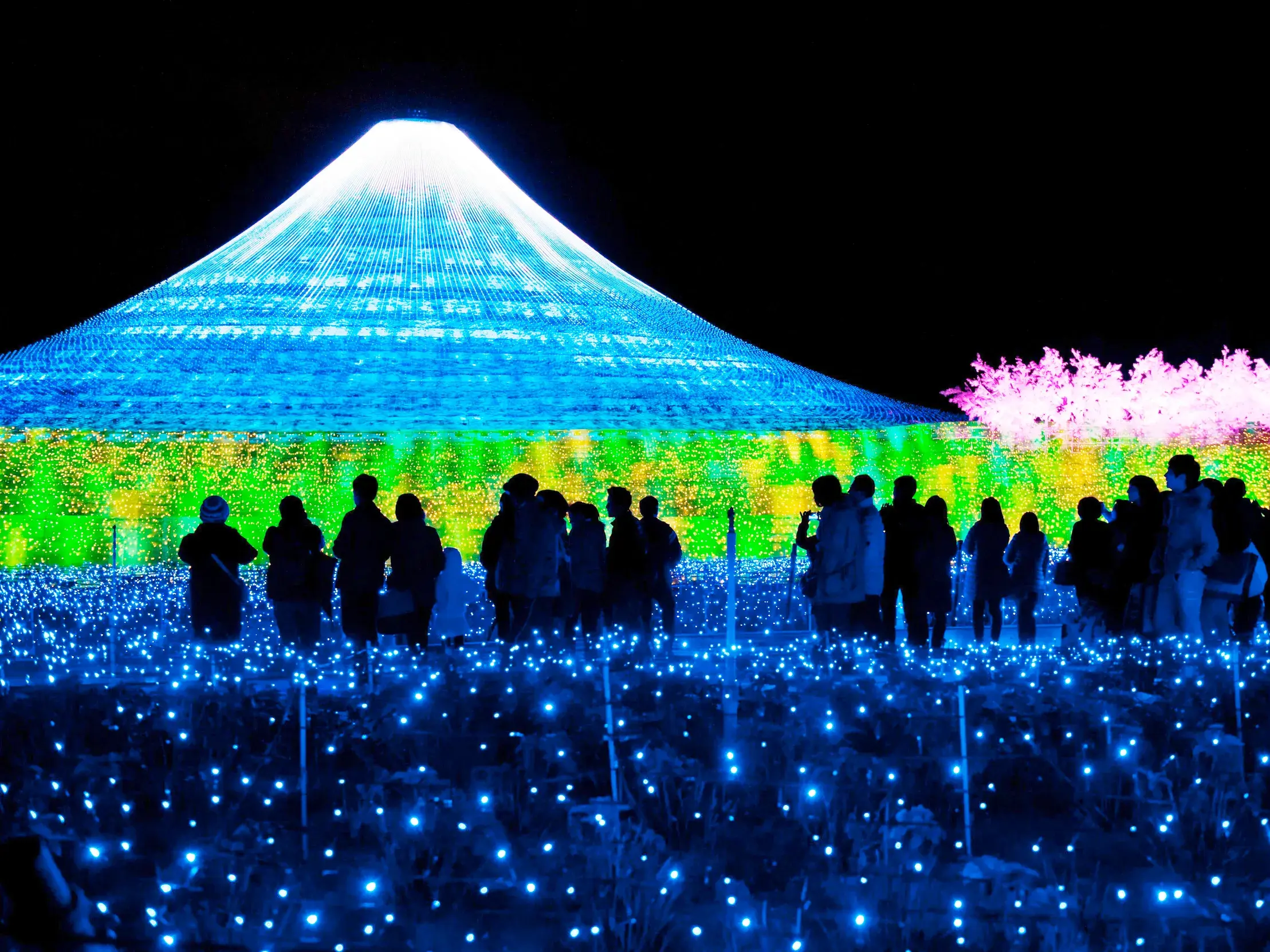 Besucher bestaunen die Illuminationen in Nabana no Sato: Millionen LEDs bilden den Fuji und ein Lichtermeer bei Nacht.