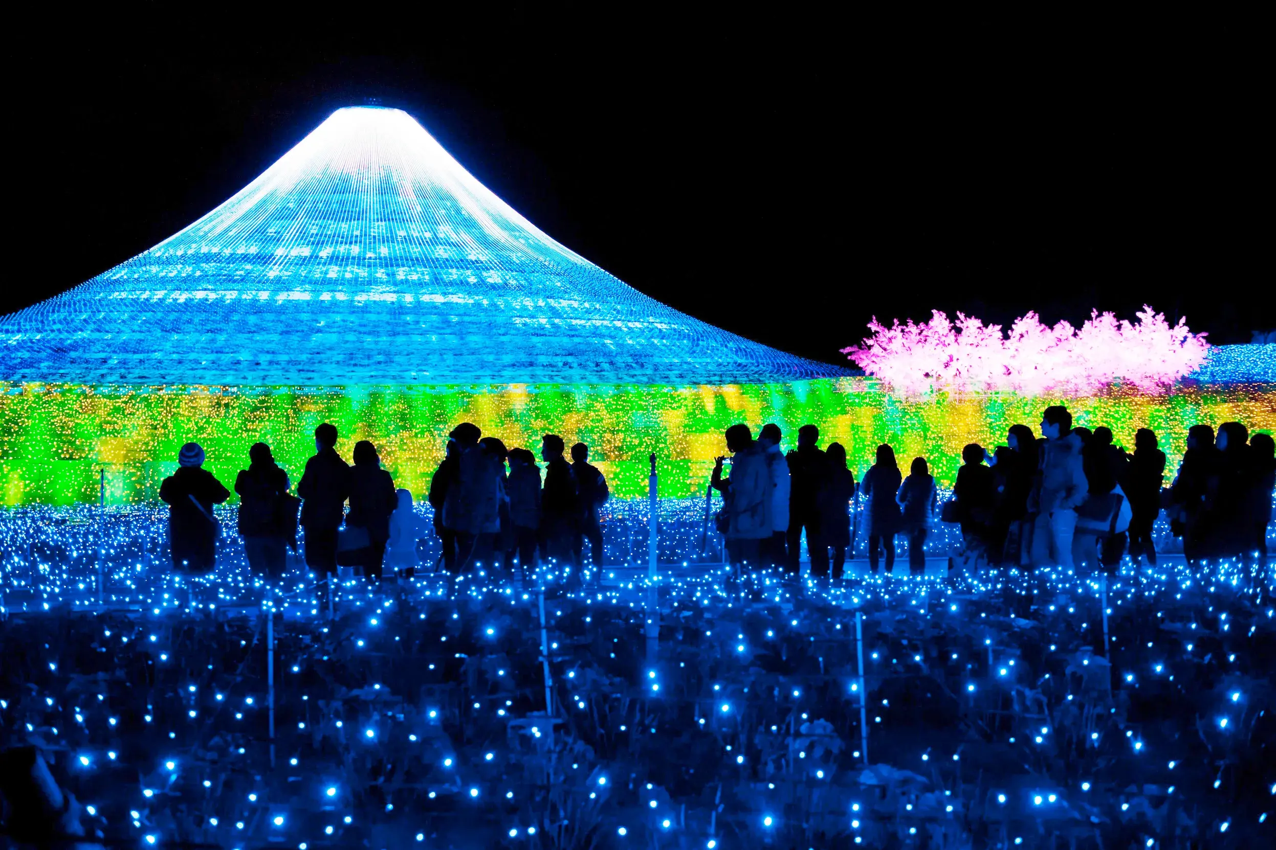 Besucher bestaunen die Illuminationen in Nabana no Sato: Millionen LEDs bilden den Fuji und ein Lichtermeer bei Nacht.