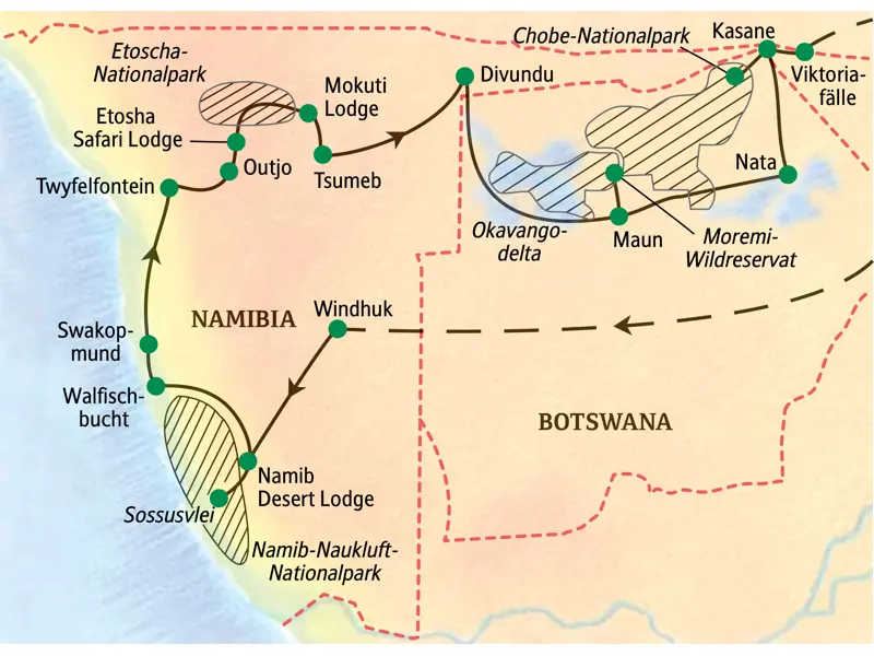 Karte der Studiosus Studienreise durch Namibia und Botswana von Windhuk über Etoscha und das Okavangodelta zu den Viktoriafällen.