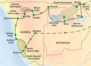 Karte der Studiosus Studienreise durch Namibia und Botswana von Windhuk über Etoscha und das Okavangodelta zu den Viktoriafällen.