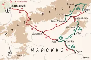 Routenverlauf der geführten Rundreise in Marokko von Marrakesch über den Hohen Atlas und die Dades-Schlucht bis nach Zagora.