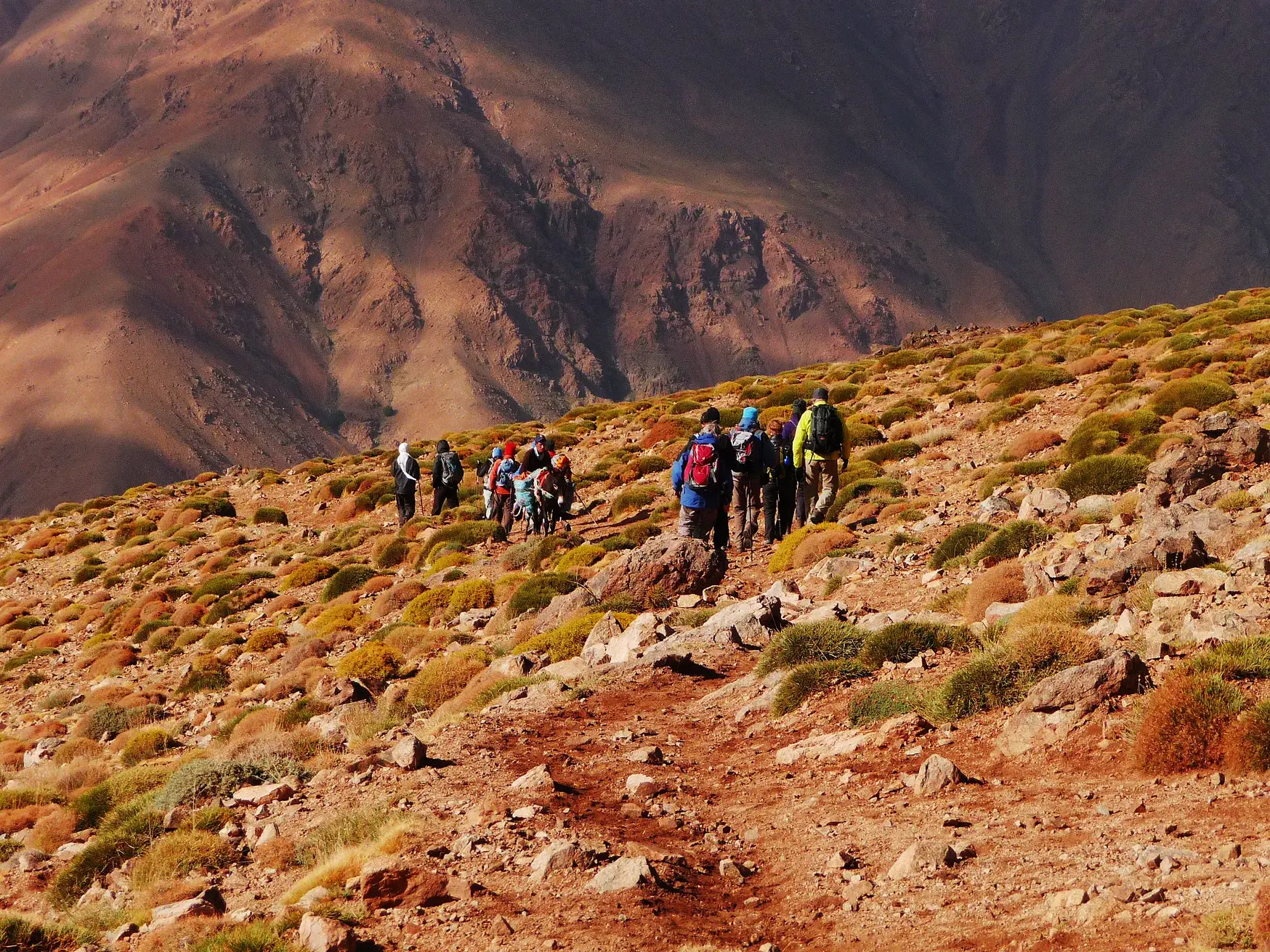 Eine Trekkinggruppe wandert auf einem schmalen, roten Pfad durch die karge und felsige Berglandschaft des Hohen Atlas.