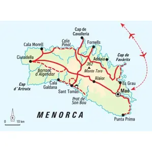 Karte der Standort-Wanderreise auf Menorca: Die Route zeigt Touren von Santo Tomás aus nach Ciutadella, Mahón und zum Monte Toro.