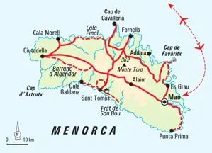 Karte der Standort-Wanderreise auf Menorca: Die Route zeigt Touren von Santo Tomás aus nach Ciutadella, Mahón und zum Monte Toro.