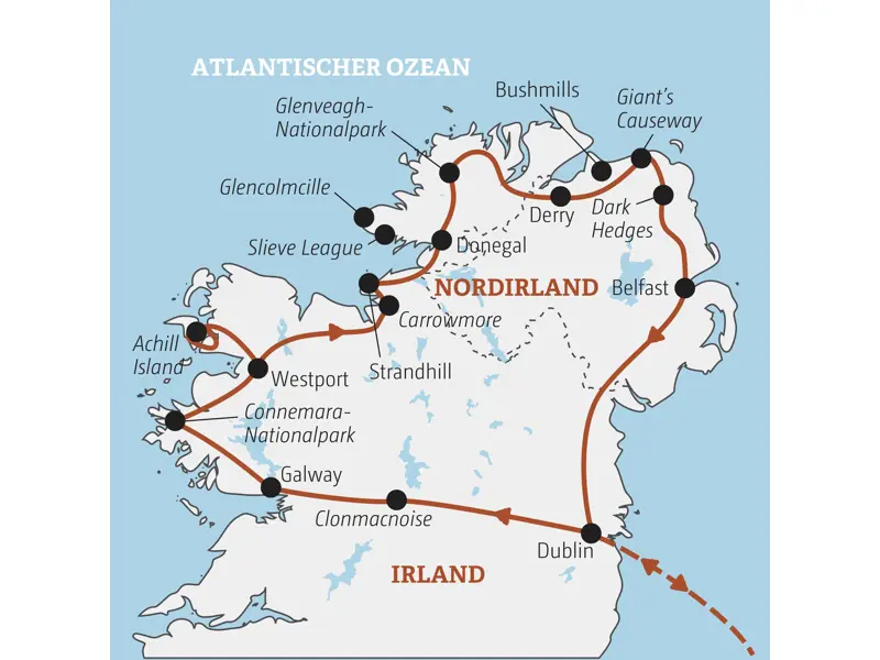Karte der geführten Rundreise für junge Leute durch Irland & Nordirland von Dublin über Galway, Donegal, Derry und Belfast.