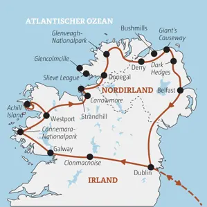 Karte der geführten Rundreise für junge Leute durch Irland & Nordirland von Dublin über Galway, Donegal, Derry und Belfast.