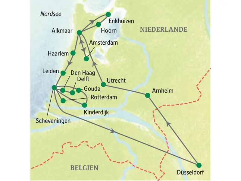 Karte der Studienreise durch die Niederlande mit der Route von Düsseldorf über Arnheim, Amsterdam, Den Haag und Rotterdam.